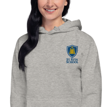 Load image into Gallery viewer, St. Rita Campus Hoodie : Embroidered Shoulder : Gray : White
